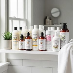 Variety of shampoo and conditioner bottles on a bathroom shelf, emphasizing hair care choices
