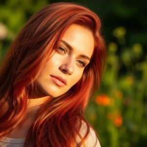 Vibrant copper hair color on a model in natural sunlight, showcasing warm tones and shine