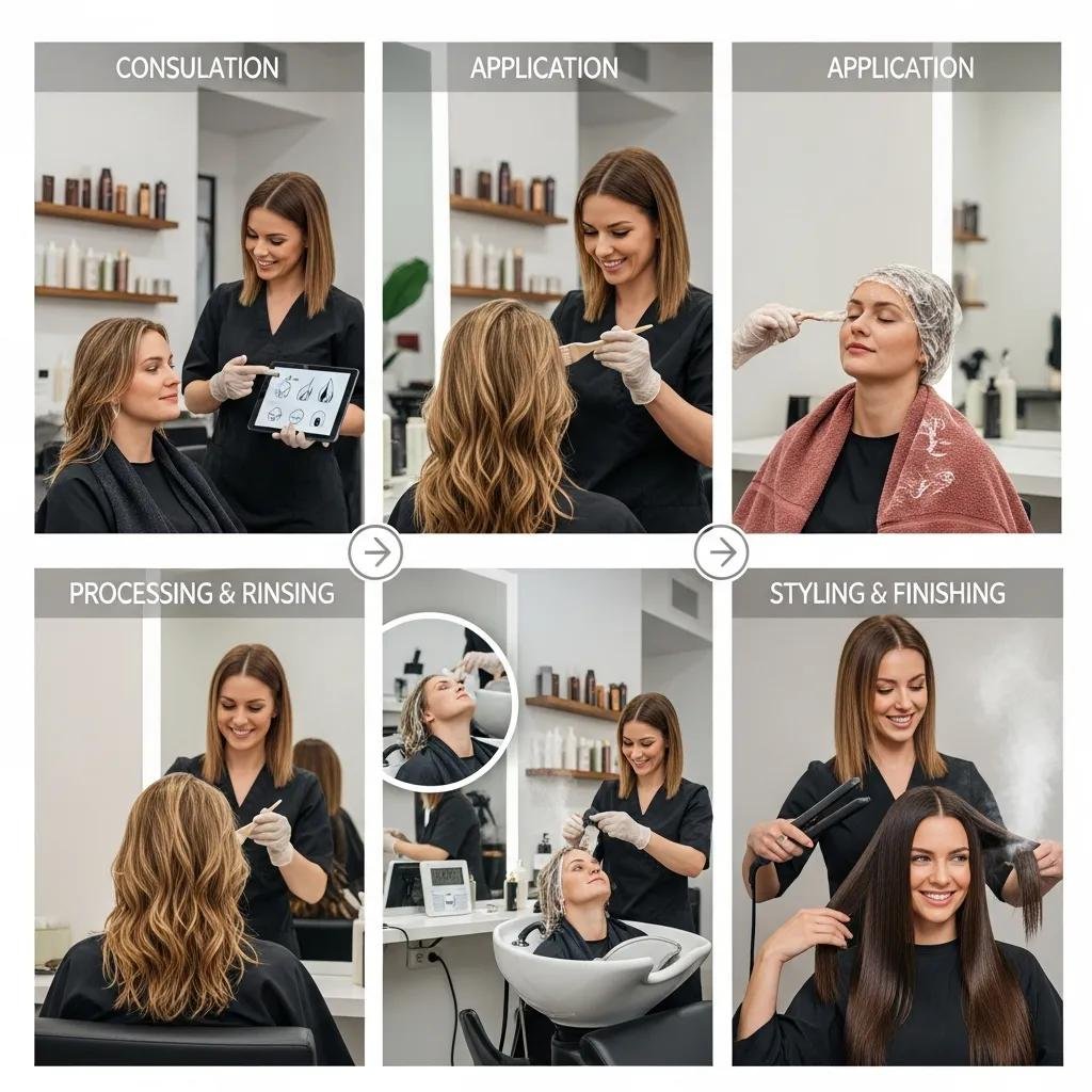 Step-by-step visual of a keratin smoothing service, from consultation to styling