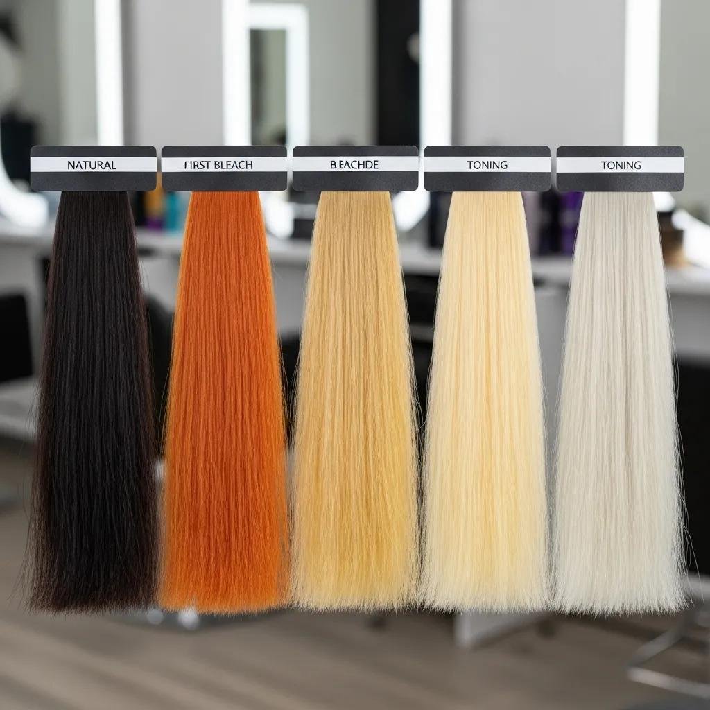 Sequence of hair samples showing stages of lift and toning toward icy platinum
