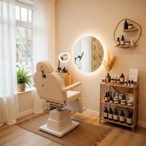 Welcoming beauty salon interior with eyebrow waxing station and organic products
