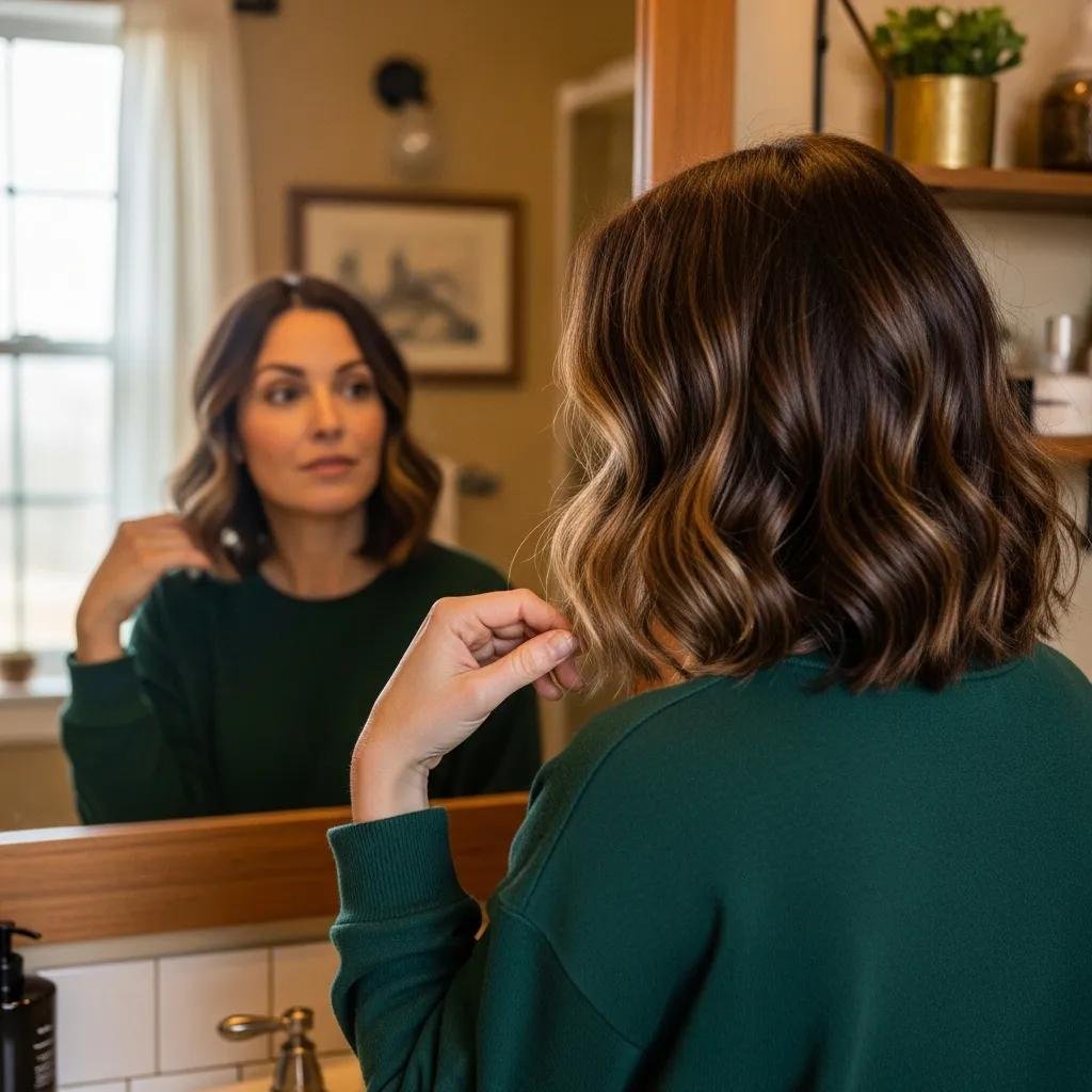 Person checking hair in a mirror after a demi-permanent gloss, appreciating subtle changes