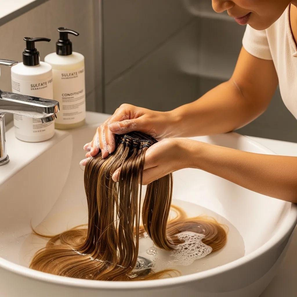 Demonstration of washing extensions gently at the sink with proper technique
