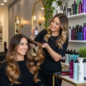 Woman with beautiful hair extensions receiving care in a salon, highlighting hair extension maintenance