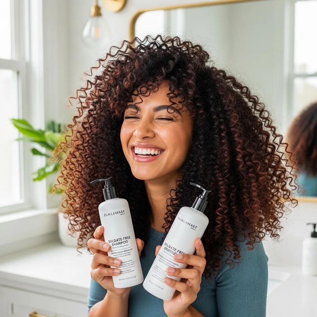 Person with defined curls holding sulfate-free shampoo and conditioner, illustrating curly hair care