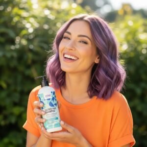 Woman with vibrant color-treated hair holding sulfate-free shampoo in a sunny outdoor setting