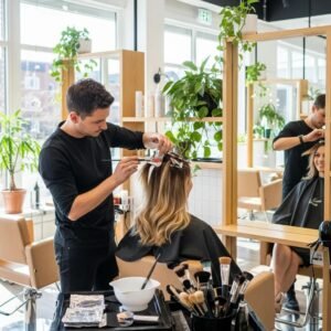 Artistic balayage application in a modern salon, highlighting the hair coloring process