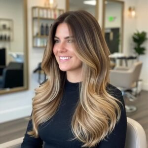 Beautiful balayage hairstyle with sun-kissed highlights in a salon setting