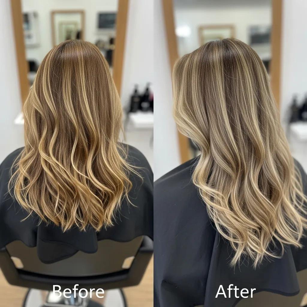 Before-and-after client transformation showing the impact of full highlights and lowlights — salon results that balance tone and dimension