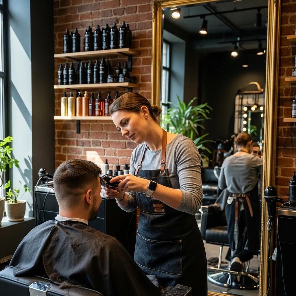 Client getting a precision haircut from an attentive stylist in a relaxed salon setting
