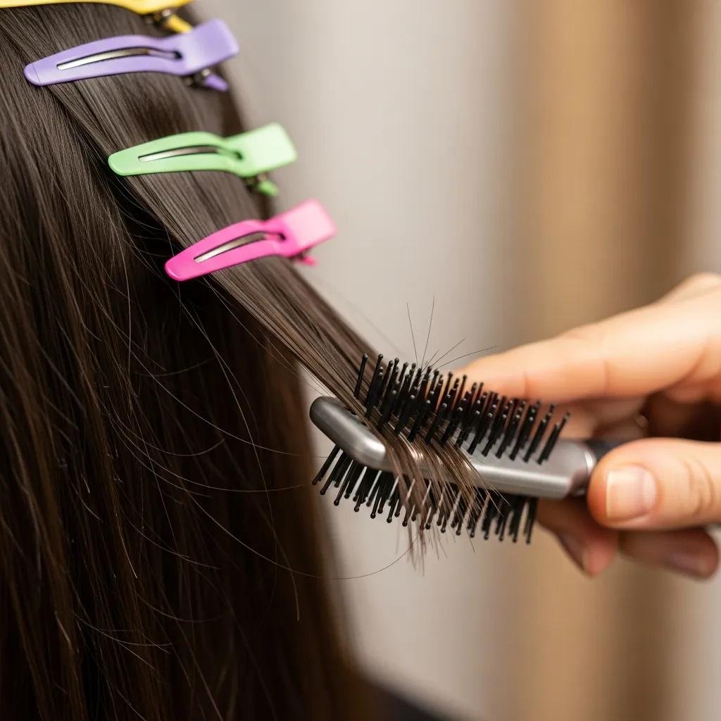 Close‑up of a hand holding a detangling brush while sectioning hair with clips
