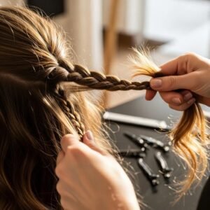 Close-up of a person braiding hair in a classic French braid, highlighting the technique and tools used