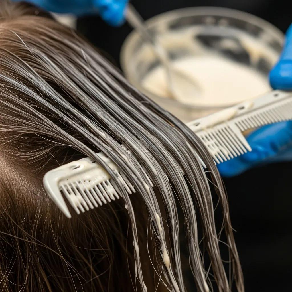 Close-up of keratin being applied to hair, demonstrating the smoothing process