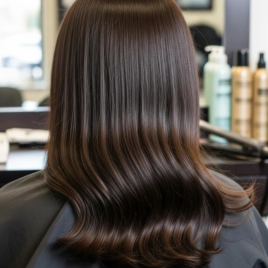 Close view of smooth, shiny hair after a keratin treatment showing improved texture and shine