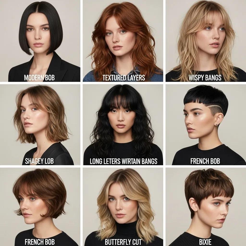 A collage of 2024 haircut trends: modern bobs, textured layers, curtain bangs — showing styles that move easily from work to weekend