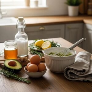 Colorful ingredients for DIY hair masks including avocados, honey, and coconut oil on a kitchen countertop