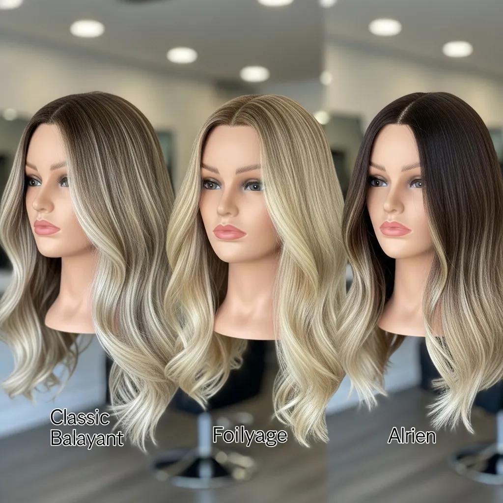 Side-by-side comparison of classic balayage, foilyage, and ombre results