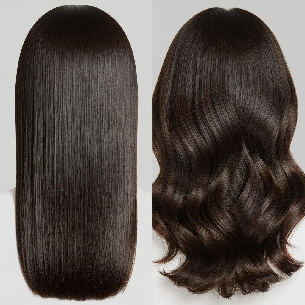Side-by-side visual comparison: hair after a keratin treatment versus a Brazilian Blowout, showing differences in texture and frizz control