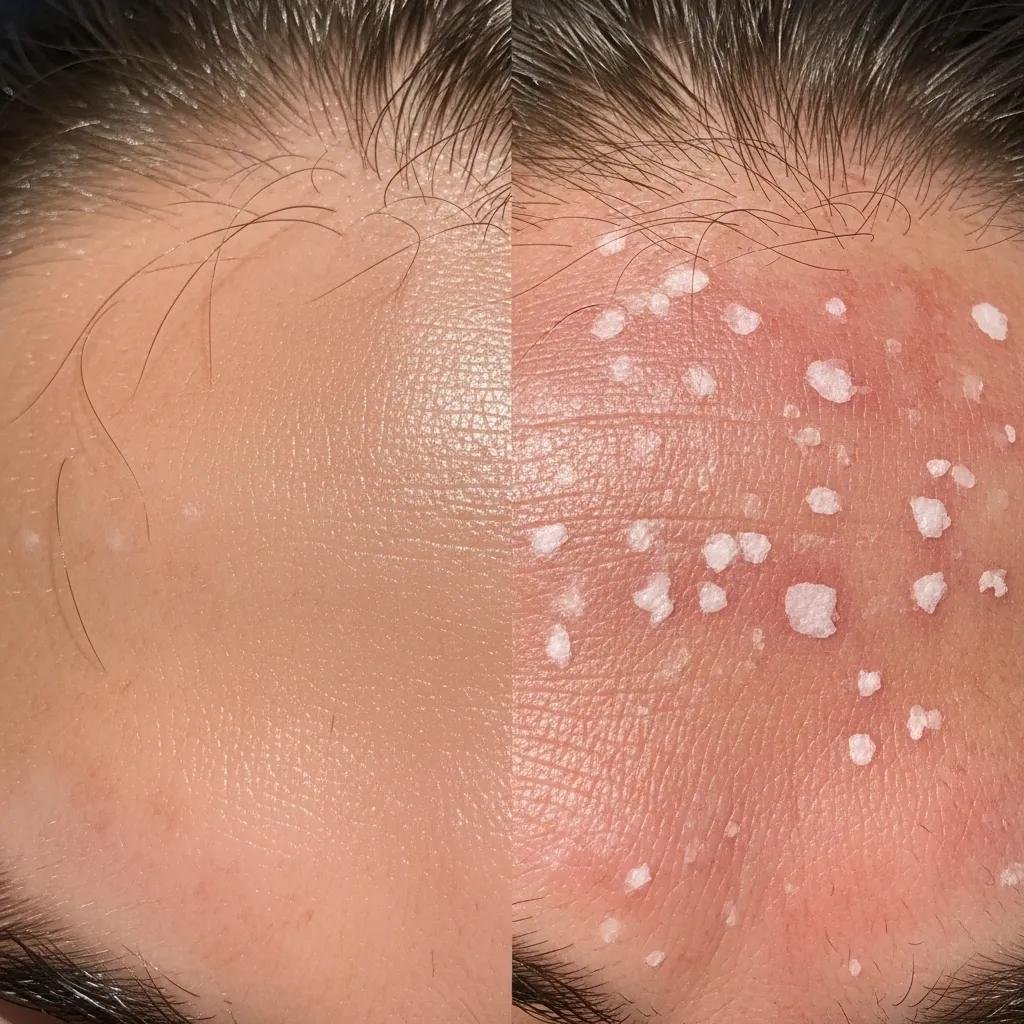 Side‑by‑side view showing a healthy scalp and a compromised scalp with flakes and redness