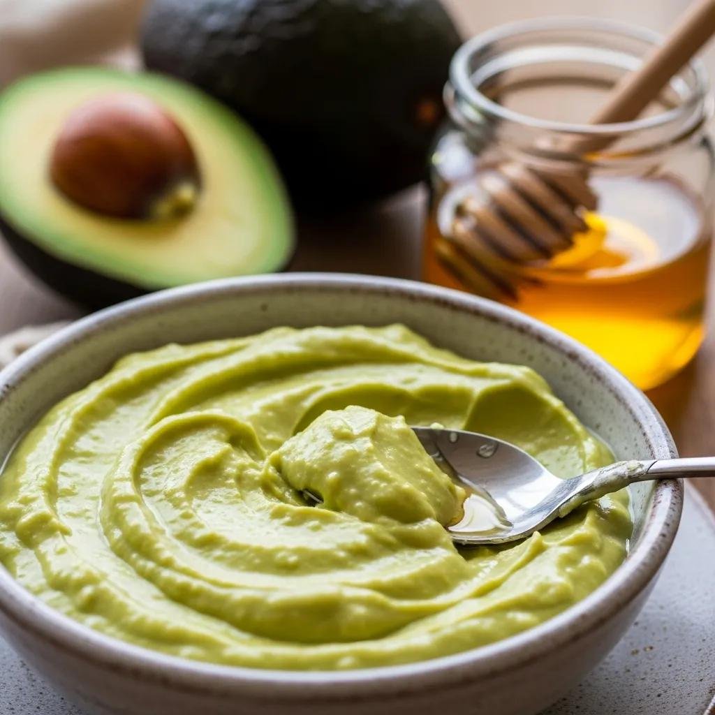Bowl of creamy avocado and honey hair mask with ingredients scattered nearby