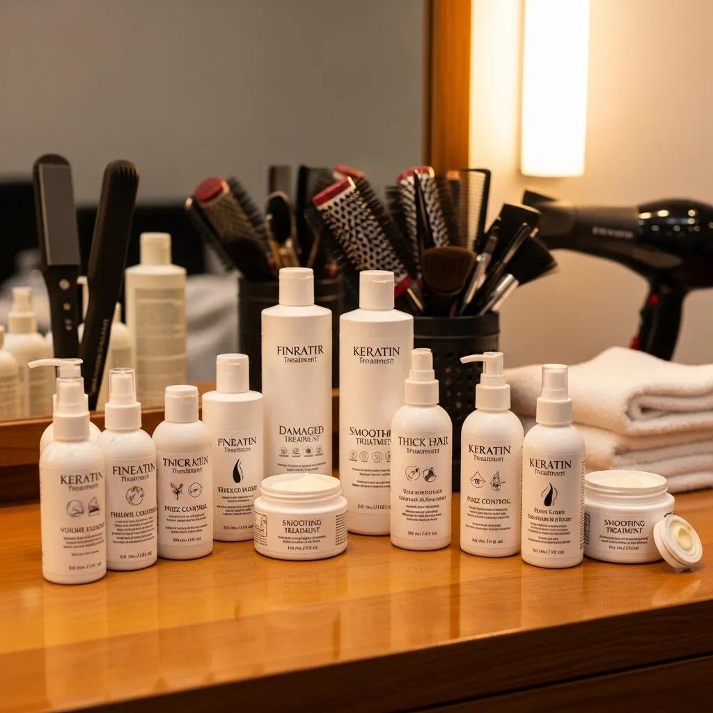 Selection of keratin treatment products for different hair types displayed in a salon