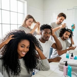 Diverse individuals applying leave-in conditioner in a bright bathroom, highlighting hair care benefits