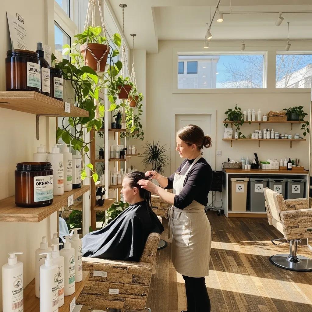 Salon shelf with eco-friendly haircare products and recycled packaging, illustrating a commitment to sustainable salon practices