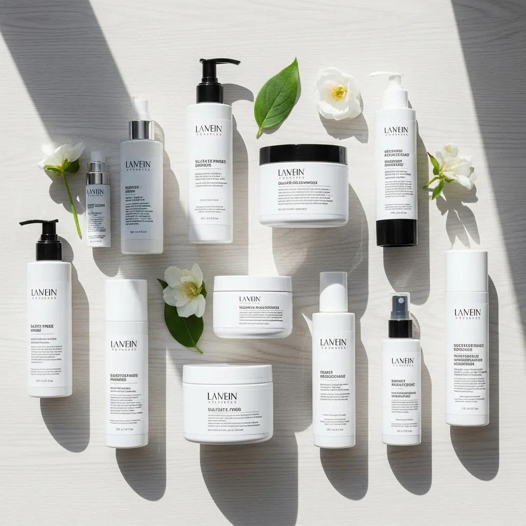 Flat lay of aftercare essentials for keratin-treated hair: sulfate-free shampoo, conditioner, and protective products
