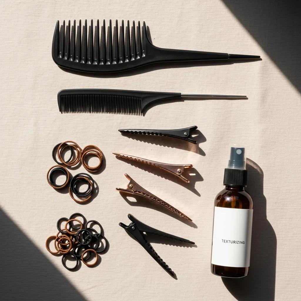 Flat lay of combs, clips, and texturizing spray — essentials for French braiding