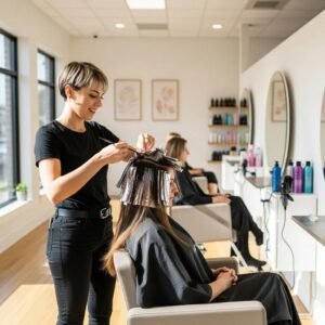 Hair salon scene with stylist applying full highlights to a client's hair, emphasizing expert hair color services