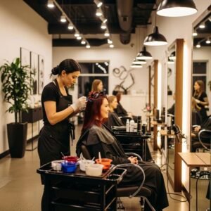 Hair stylist applying all over color transformation in a modern salon setting