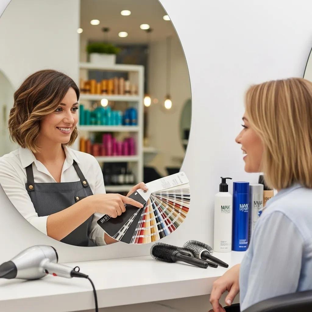 Stylist consulting a client to create a personalized haircut and color plan