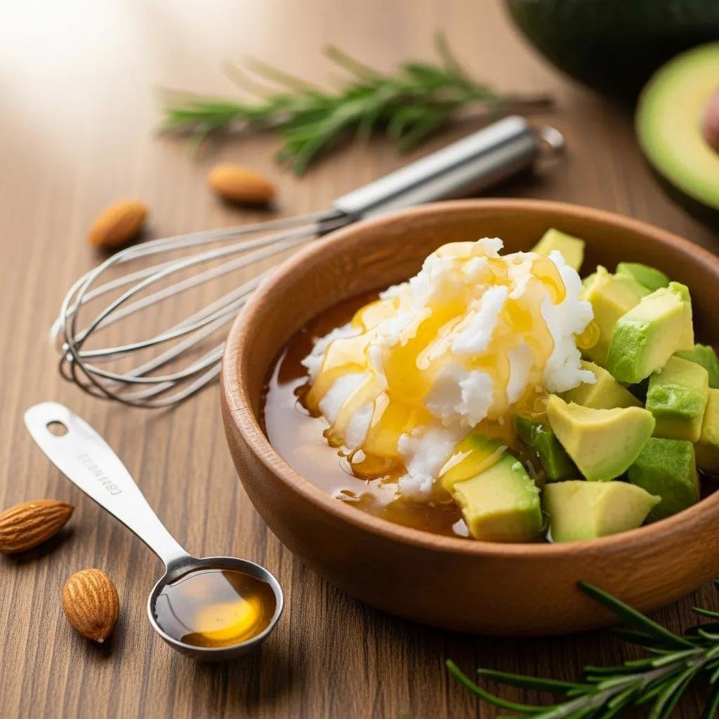 DIY hair mask ingredients — coconut oil, honey, and avocado on a wooden counter