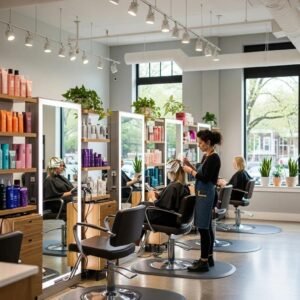 Modern hair salon interior in Bethesda, MD, featuring stylish haircuts and color treatments