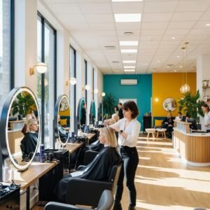 Modern hair salon interior with stylists and clients, emphasizing community engagement and professional services
