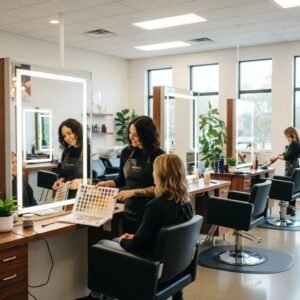 Modern salon interior with stylist and client, emphasizing personalized hair services and welcoming atmosphere