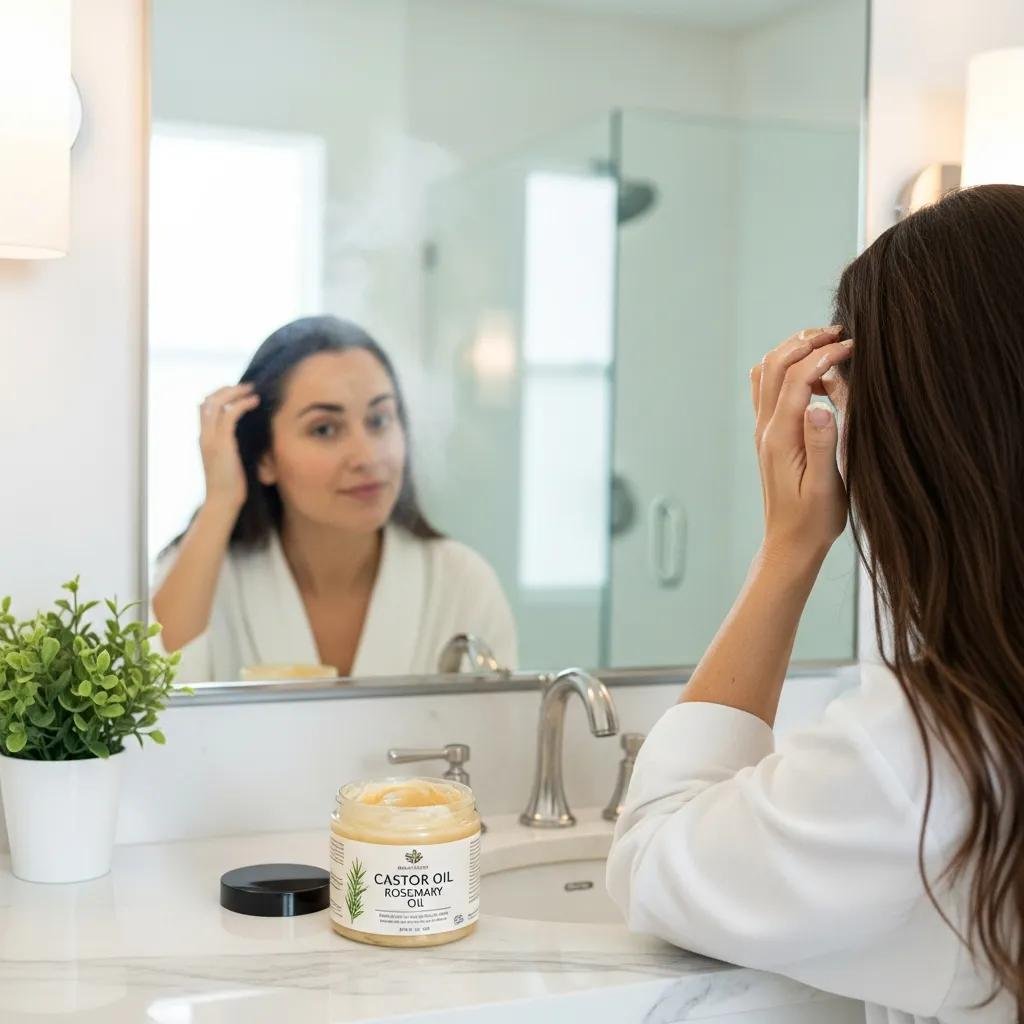 Person applying a DIY hair growth mask in a bright bathroom