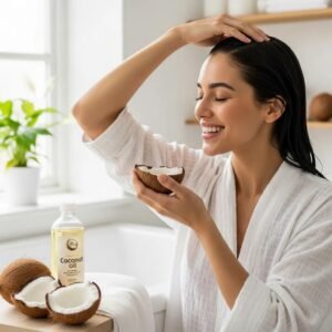 Person applying coconut oil to hair in a bright bathroom, highlighting natural hair care benefits