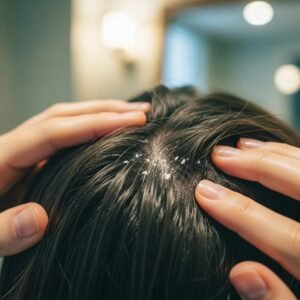 Person examining scalp for dandruff and dry scalp symptoms in a bright bathroom