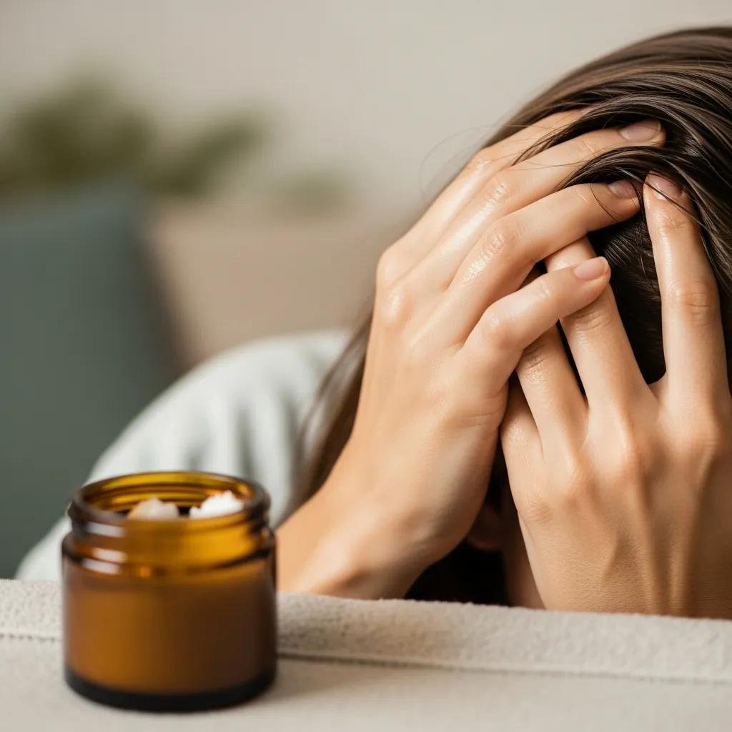 Massaging coconut oil into the scalp in a calm setting to support scalp health