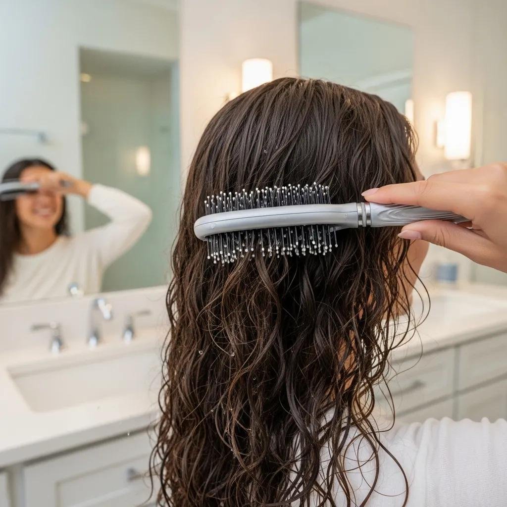 Hand using a flexible‑bristle detangling brush on wet curly hair in a bright bathroom