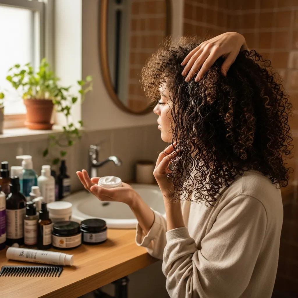 Curly-haired person applying leave‑in conditioner in front of a mirror — practical at‑home care