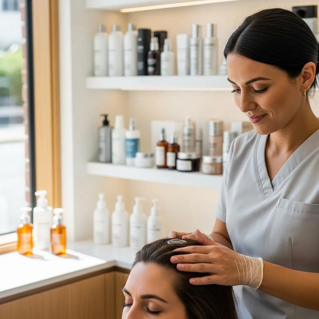 Personalized scalp treatment at Kylie Studio Salon showing a stylist applying targeted products