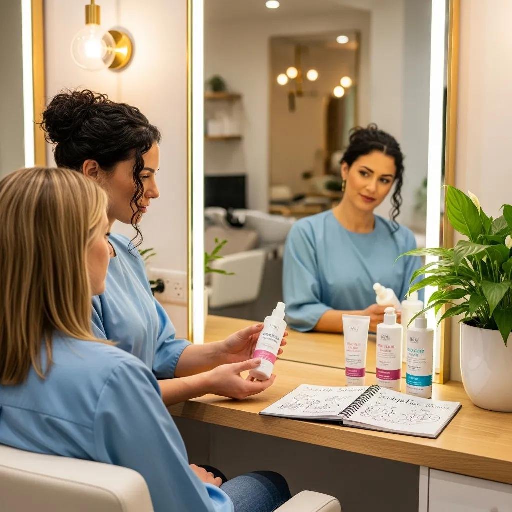 Stylist consulting a client about scalp treatments at a salon in Bethesda