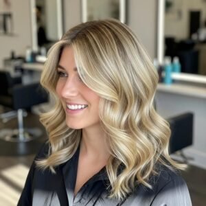 Radiant blonde hair in a salon setting, highlighting full highlights and toner services