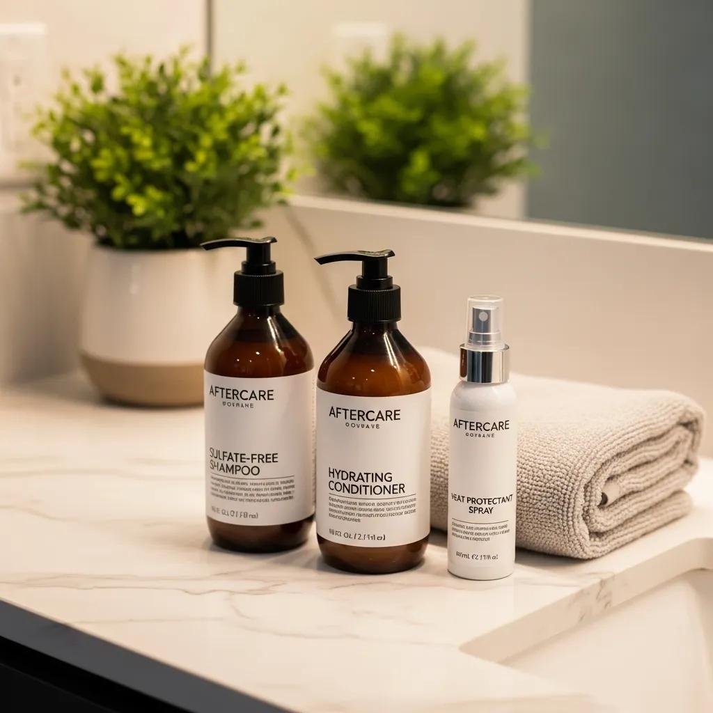 Sulfate-free shampoo, conditioner, and lightweight leave-in protectant arranged on a counter