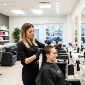 Salon scene with stylist applying keratin treatment to a client's hair, emphasizing professional hair care services