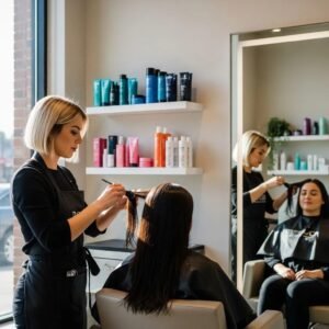Salon scene with stylist applying keratin treatment to client's hair, highlighting professional hair care