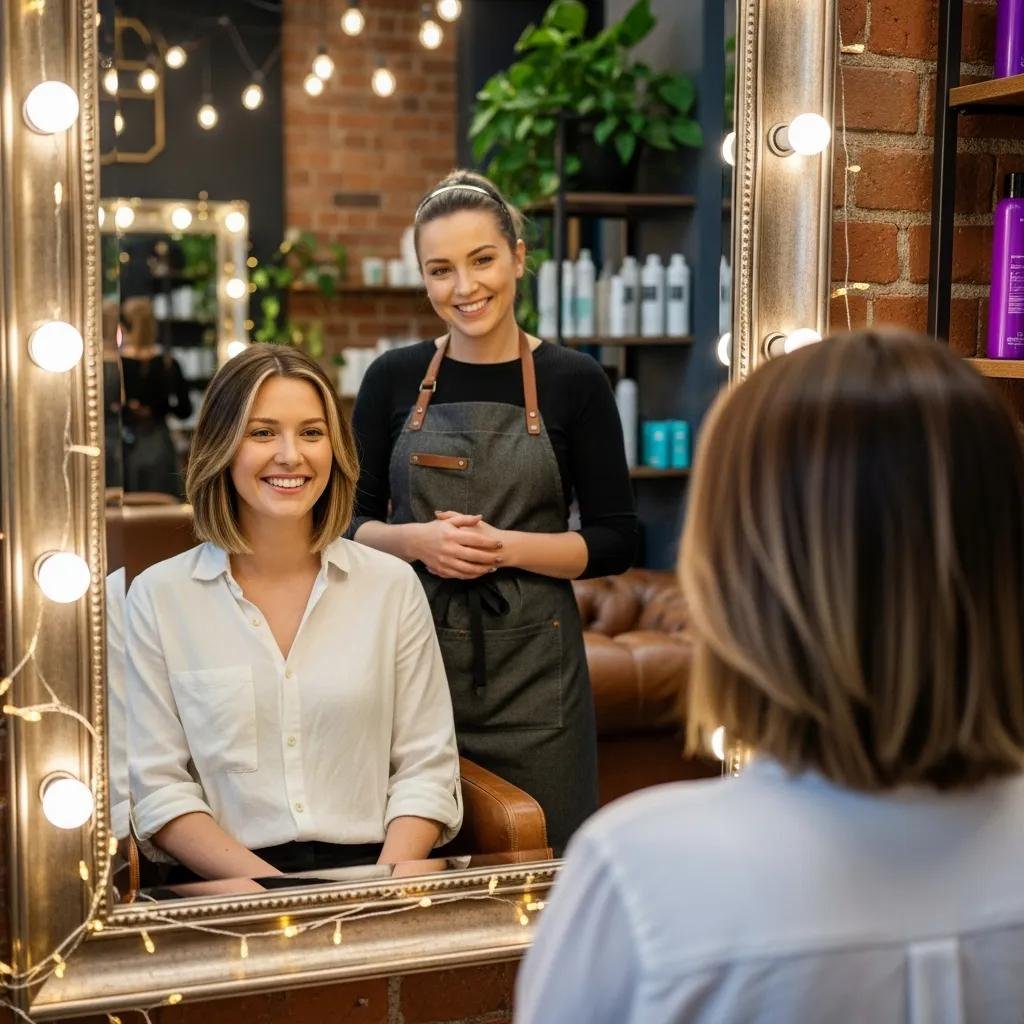 Client admiring a fresh haircut in the salon mirror — showcasing positive results and confidence