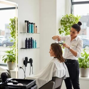 Stylish salon interior with a stylist giving a women's haircut, showcasing a professional and inviting atmosphere